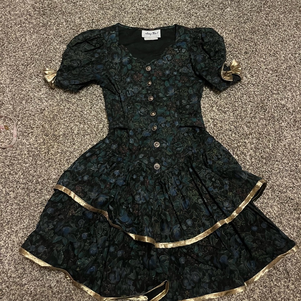 Vintage Amy Too‎ Dress Floral 80s Look Size 7 Dark Floral Gold Bows Holiday